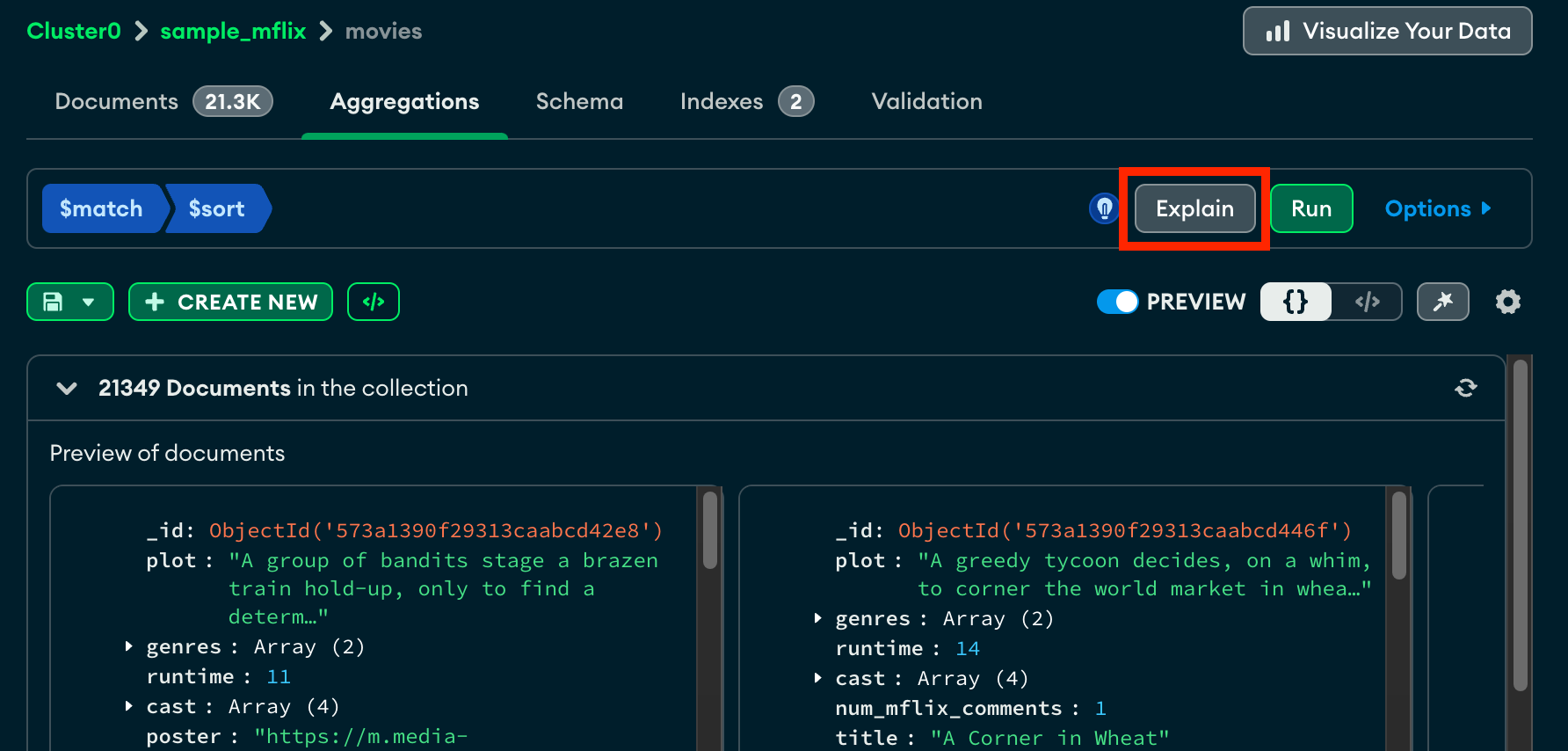 Explain button on aggregation pipeline