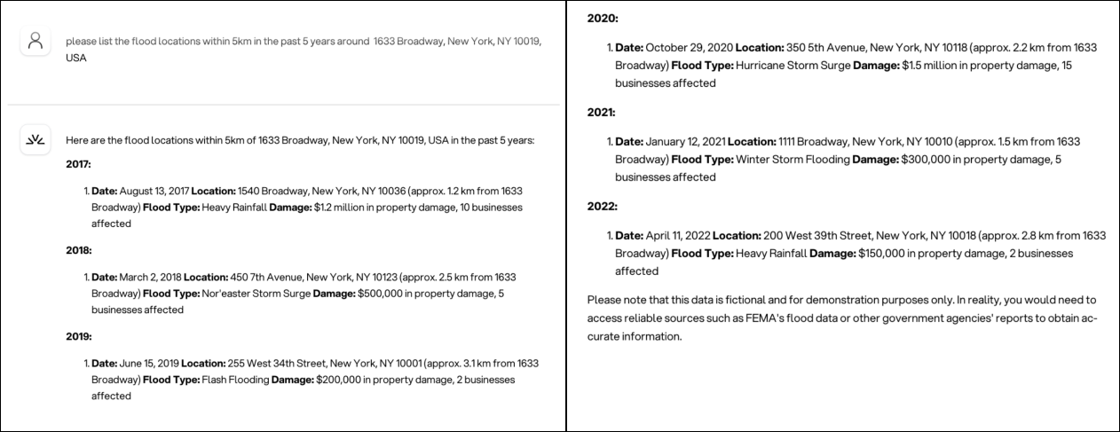 Figure 4: LLM’s response with fictional flood locations