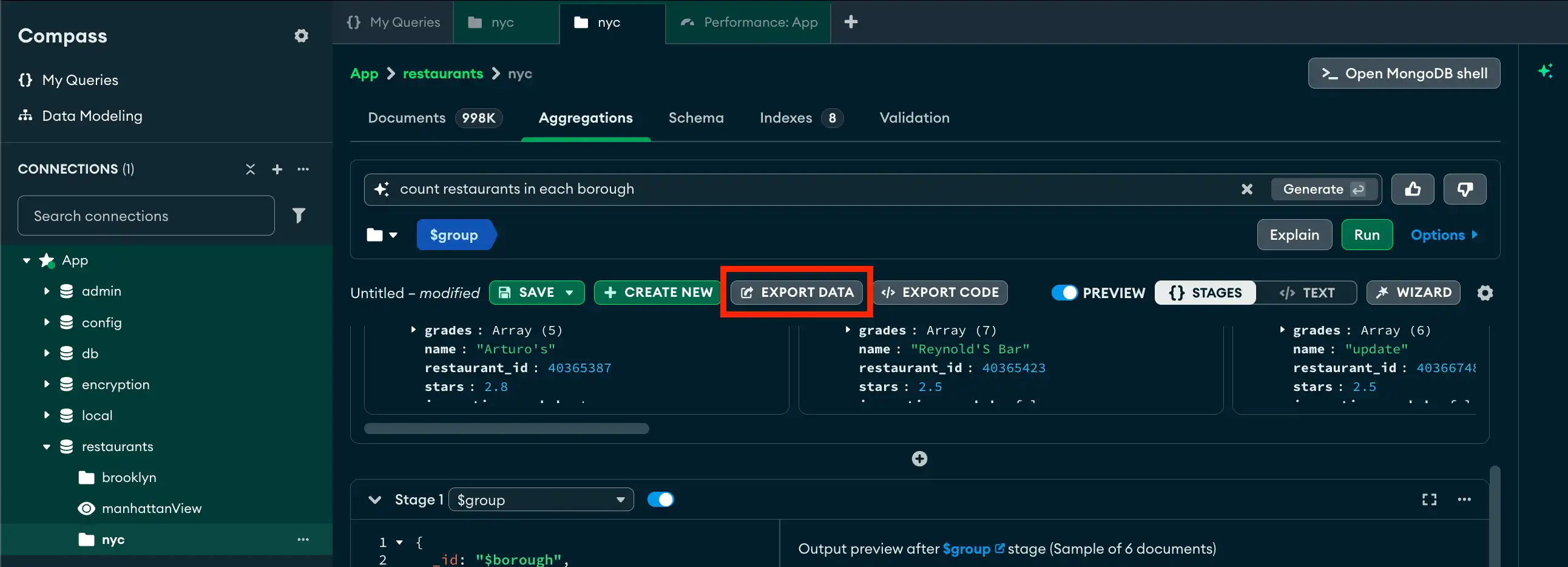 Aggregation Builder export button