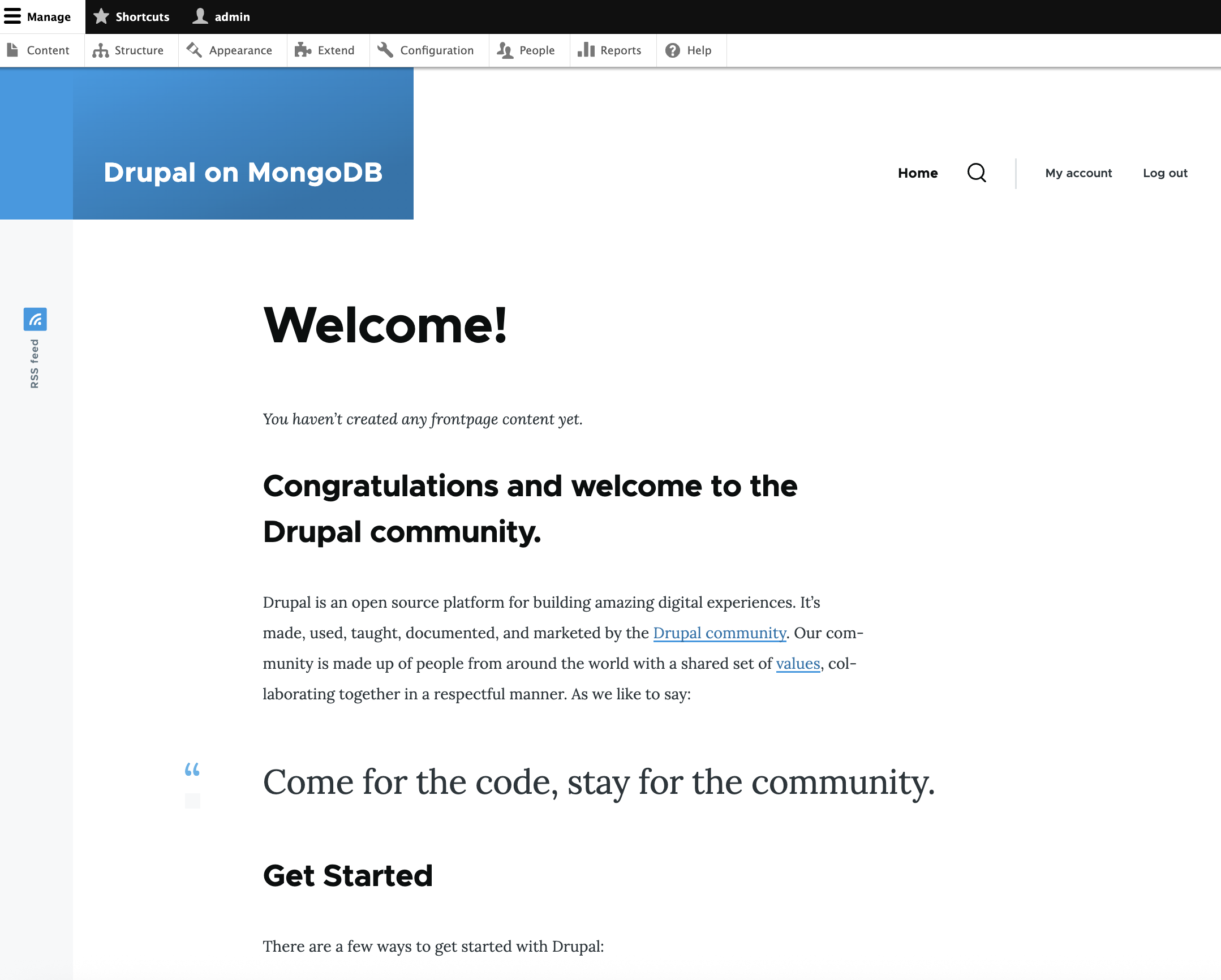 Screenshot of the Drupal home page after initial installation