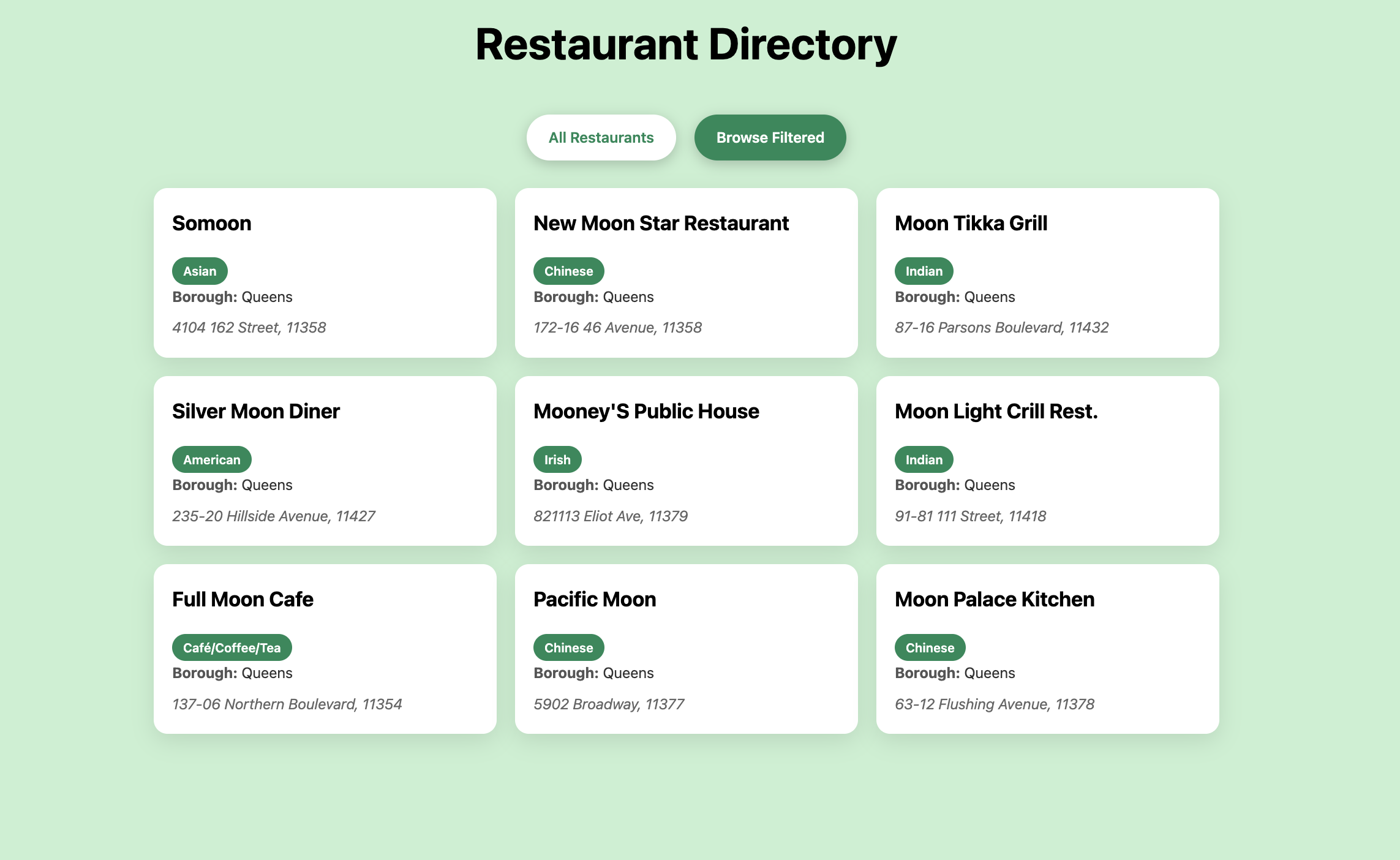 The web page that displays the filtered restaurants