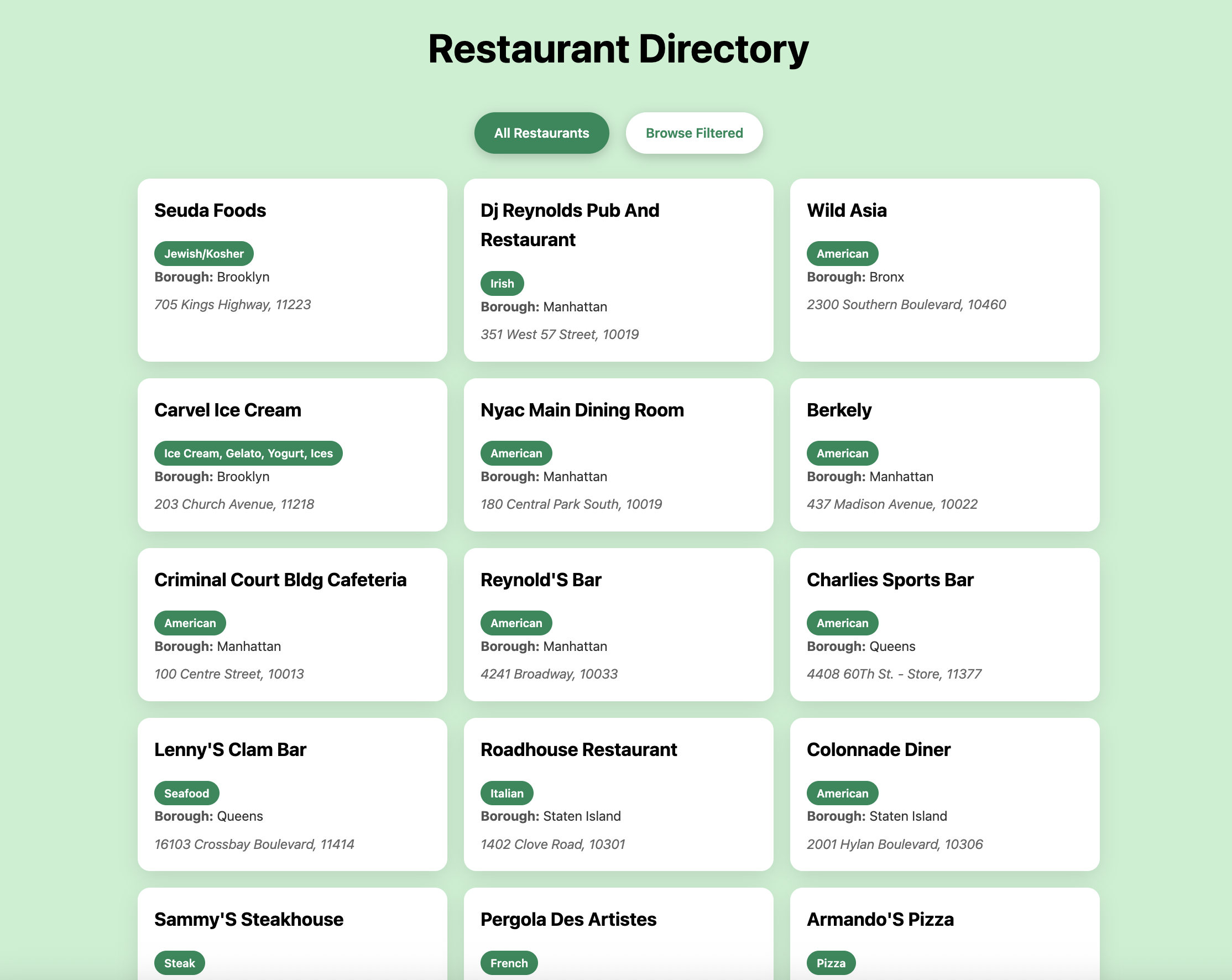 The landing page that displays all restaurants