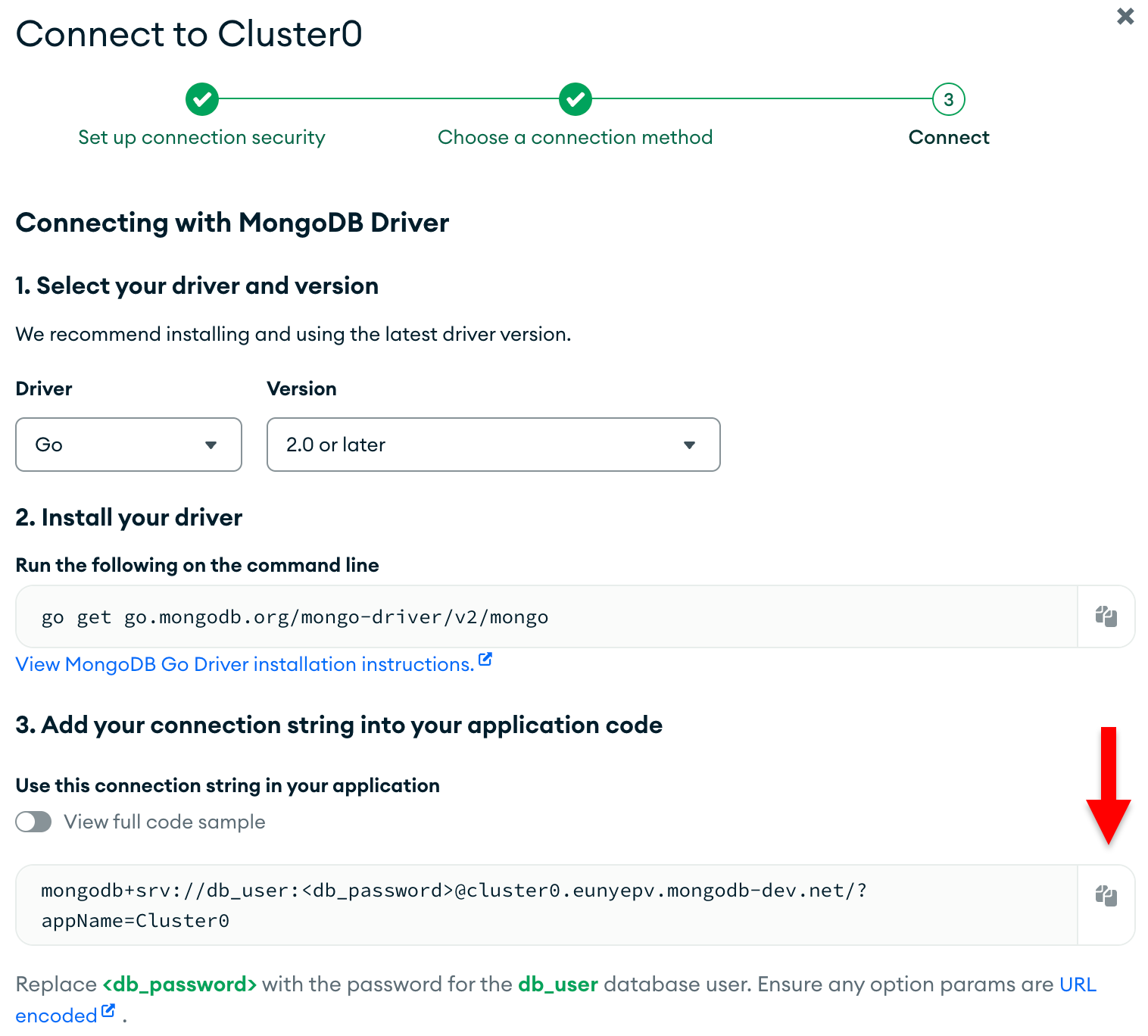 The connection string copy button in the Atlas UI