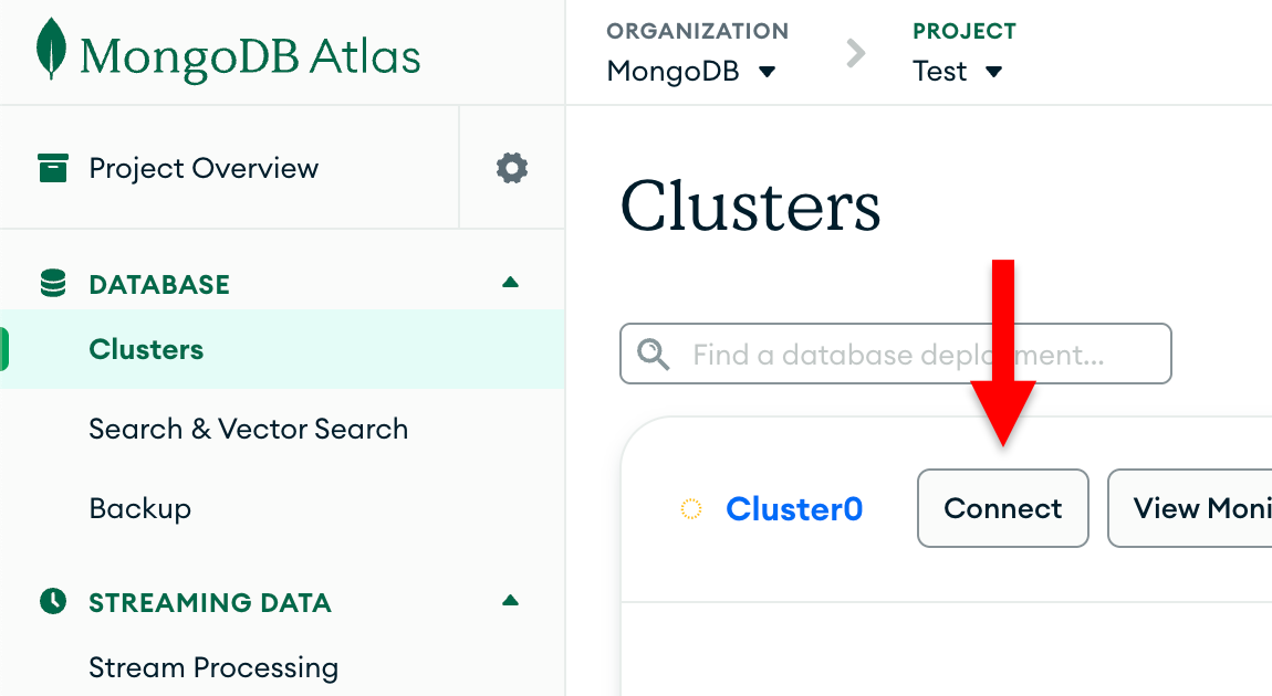 The connect button in the clusters section of the
Atlas UI