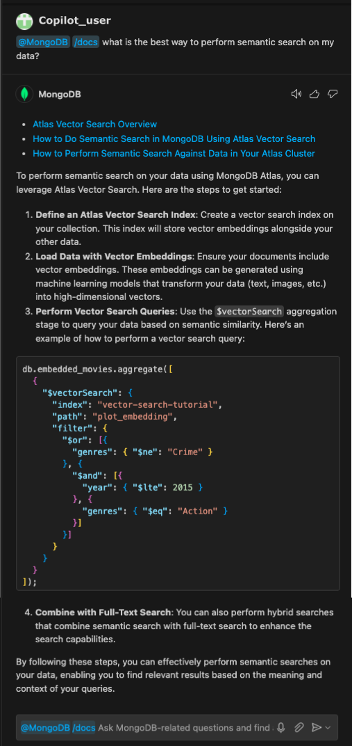 Screenshot of copilot providing information on using vector search