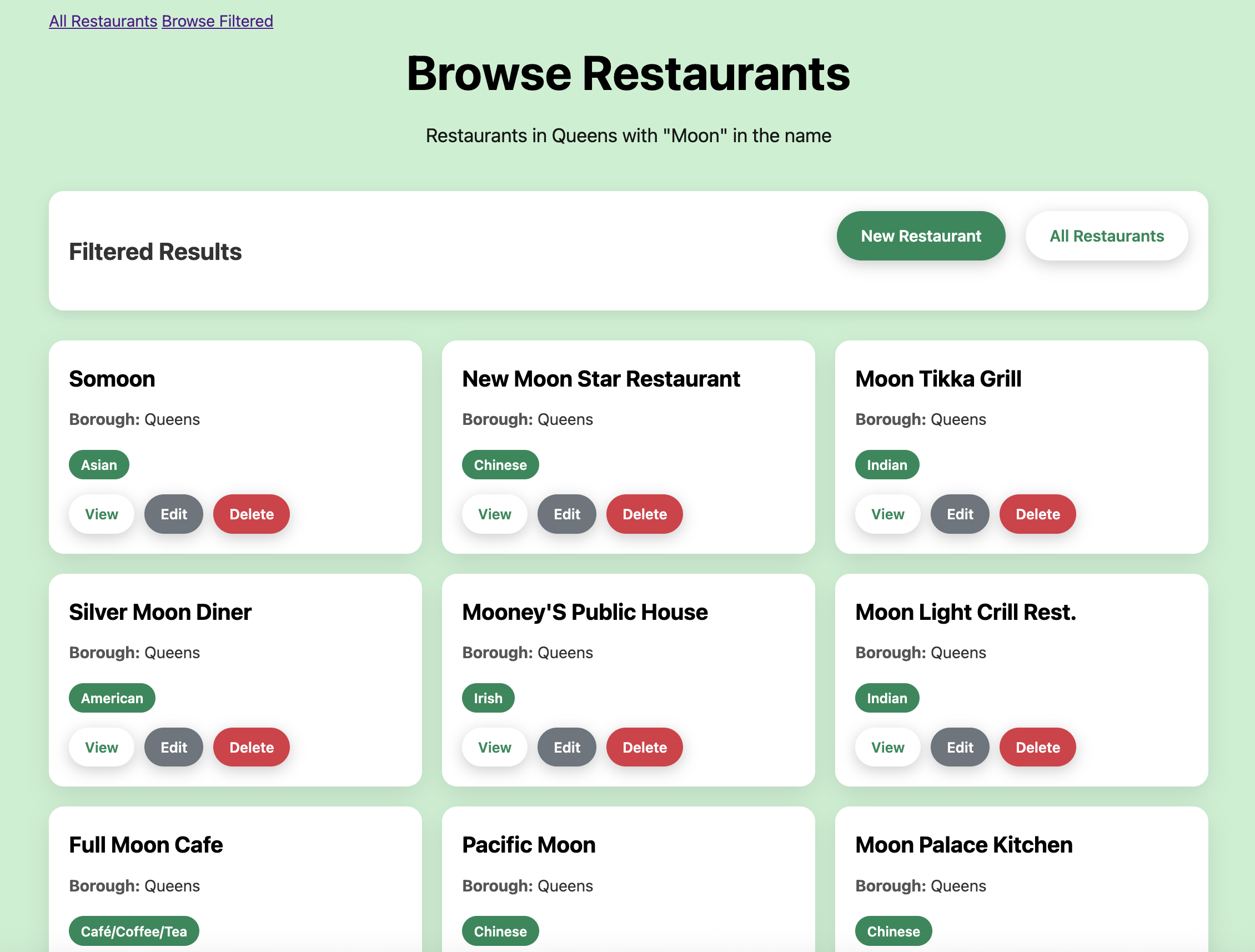 The web page that displays filtered restaurants
