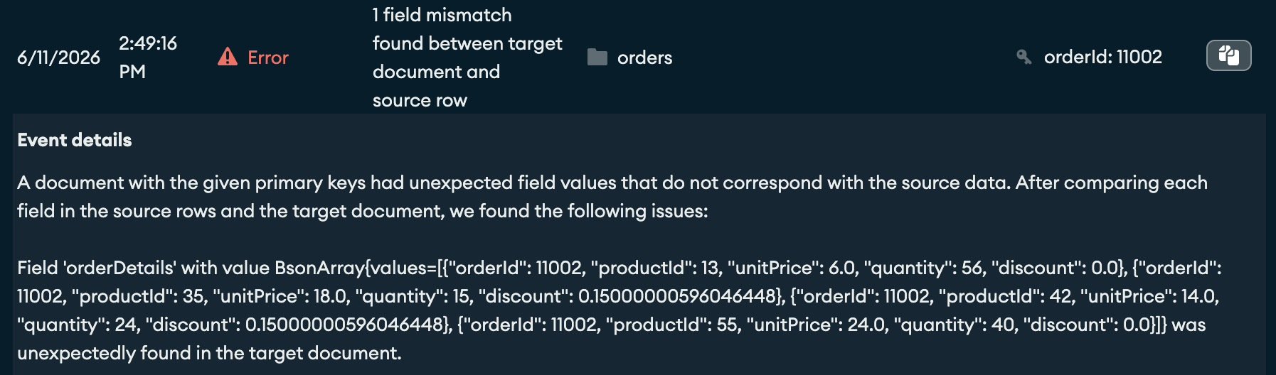A Job Update Log entry showing a field mismatch error