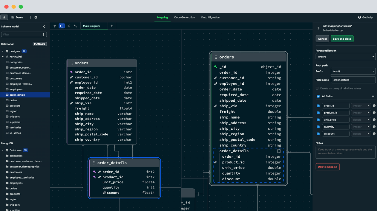 An entity-relationship diagram in Relational Migrator